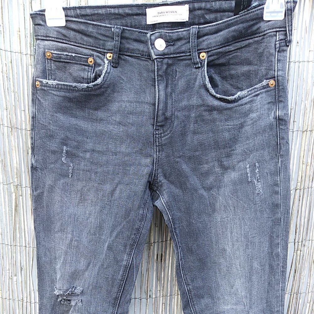 Zara Woman Premium Collection Blk/Charcoal Gray Jeans Distressed Frayed Hem - 8